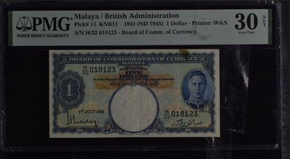 Malaya/ British Administration one Dollar 1941 Pick 11 Very Fine VF PMG 30 NET