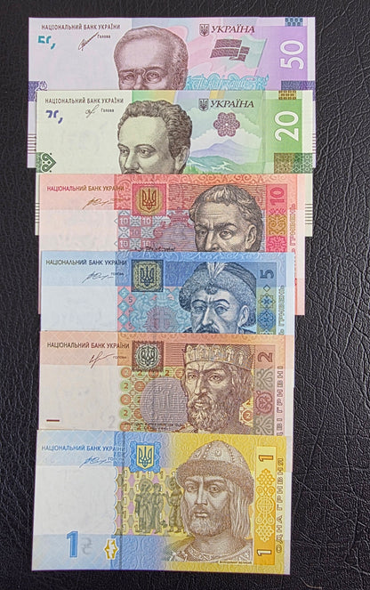 Set of 1, 2, 5, 10, 20 and 50 Hrivna Ukrain Uncirculated UNC (six notes)