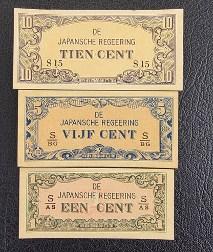 Netherlands Indies Japanese Regeering set of 1, 5 and 10 Cents 1942 Uncirculated UNC (three notes) Small notes (rare)