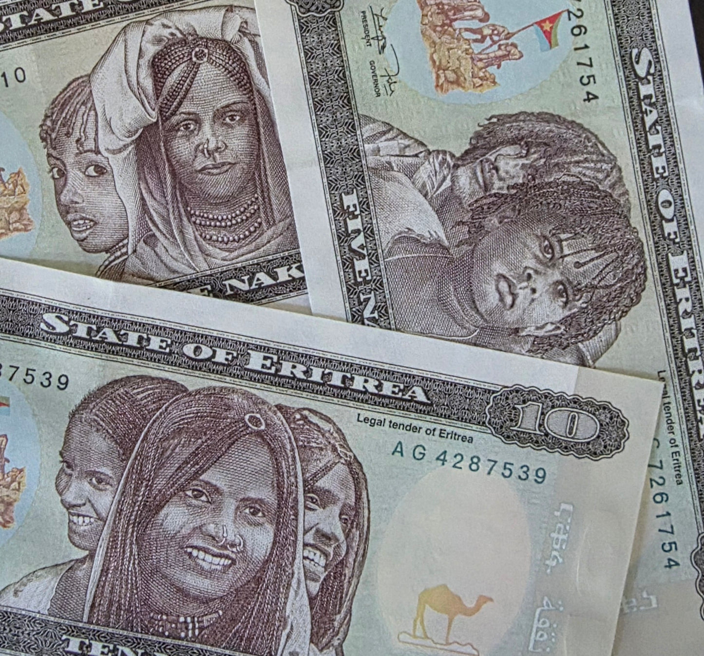 Eritrea Nakfa set of 1, 5 and 10 Nakfa 1990s Gem Uncirculated UNC (3 banknotes)