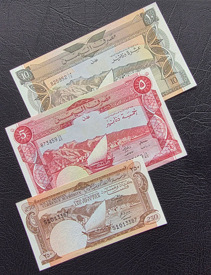 Set of 250 Fils, 5, and 10 Dinars 1965-84 Yemen Democratic Republic Uncirculated UNC (3 banknotes)