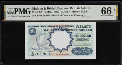 One Dollar 1959 Malaya & British Borneo  PMG 66 EPQ Gem Uncirculated UNC (Consecutive notes)