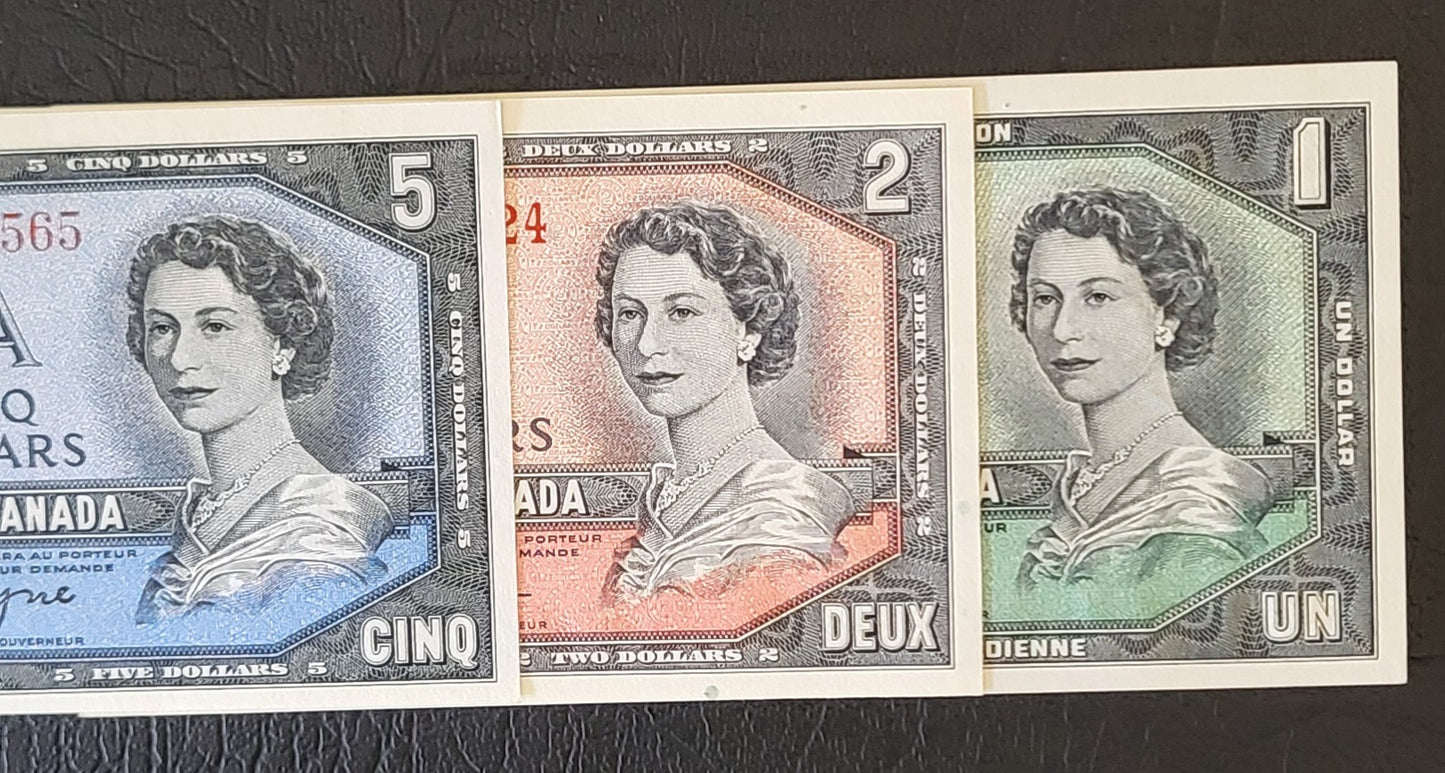 Set of 1, 2 and 5 Dollars 1954- 1967 (three notes) Chronological order Canada Uncirculated UNC Gem