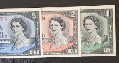 Set of 1, 2 and 5 Dollars 1954- 1967 (three notes) Chronological order Canada Uncirculated UNC Gem