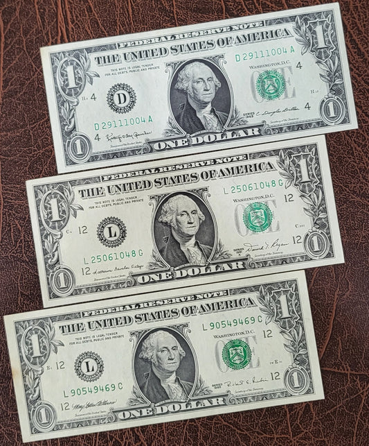 Set of one Dollar United States of America USA 1963, 1981 and 1995 UNC Uncirculated- see the description