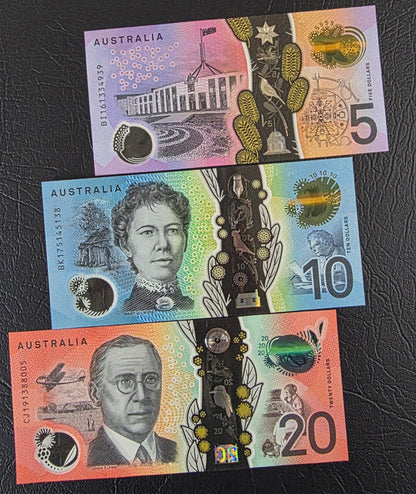 5, 10, and 20 Dollars Australia Polymer Gem Uncirculated UNC (Three notes)