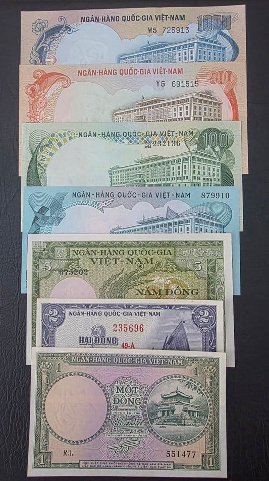 Set of 1, 2, 5, 50, 100, 500 and 1000 Dong Vietnam Uncirculated UNC (7 notes)