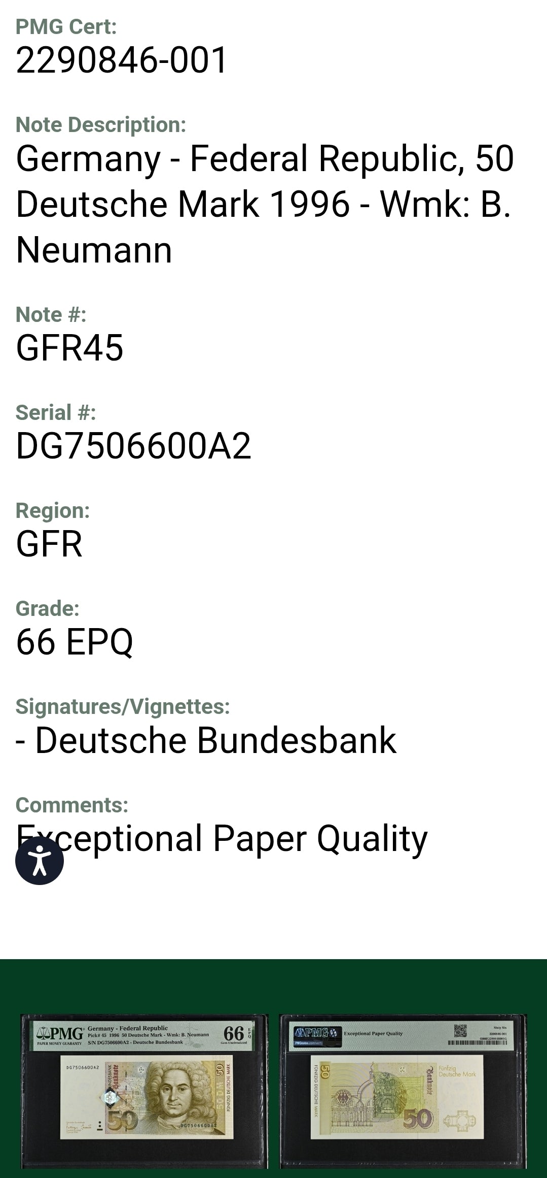 50 Marks 1996 Germany PMG 66 EPQ Uncirculated Gem P 45