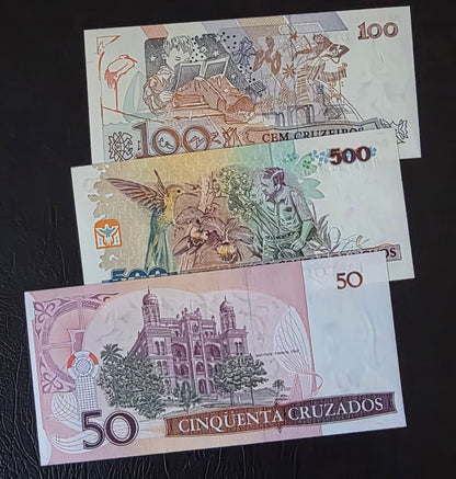 Brazil Cruzeiros set of 50, 100, and 500 Cruzeiros 1990s Gem Uncirculated UNC (3 banknotes)