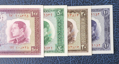 Set of 10, 20, 50 and 100 Rials 1954 (Full set) Pahlavi Persian notes (rare) Uncirculated UNC Gem P64 P65 P66 P67