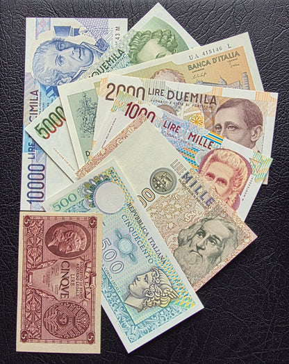 Set of 5, 500, 1000 (×2), 2000(x2), 5000 and 10000 1944- 1990s Lire Italy Italia Gem Uncirculated UNC (8 notes) Rare set