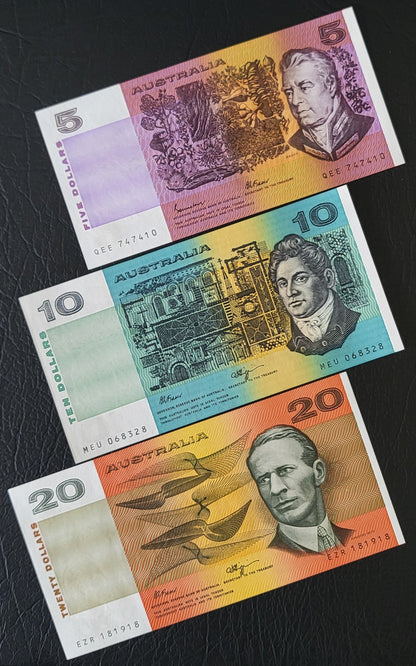 Set of 1, 2, 5, 10 and 20 Dollars 1980- 1990s Australia Uncirculated UNC Gem