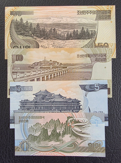 Korea 1, 5, 10, 50 Won Commemorative 1992- 1998 Uncirculated (UNC) (4 banknotes)