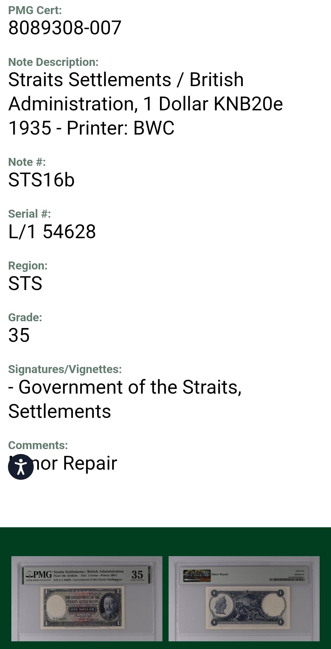 Straits Settlements/British Administration one Dollar 1935 Pick 16b PMG 35