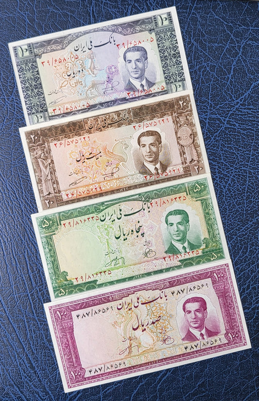 Set of 10, 20, 50 and 100 Rials 1953 Pahlavi Persian notes Uncirculated UNC