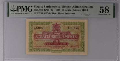 Straits Settlements/British Administration 10 Cents 1919 Pick 8b PMG 58