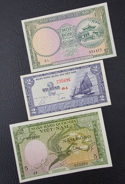 Set of 1, 2, 5, 50, 100, 500 and 1000 Dong Vietnam Uncirculated UNC (7 notes)