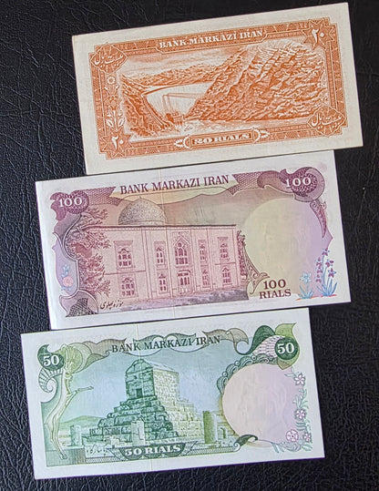 Mohammadreza Shah Pahlavi banknotes 20, 50, 100, 200, 500, 1000 and 5000 Rials 1974 Very fine (VF) to Uncirculated (UNC) (seven notes)