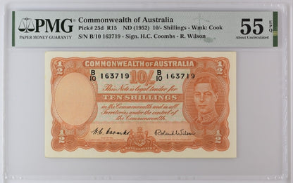10 TEN Shillings 1952 Australia P 25d R15 PMG 58 EPQ Coombs Wilson