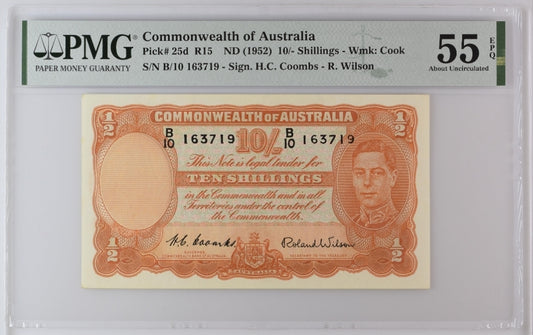10 TEN Shillings 1952 Australia P 25d R15 PMG 58 EPQ Coombs Wilson