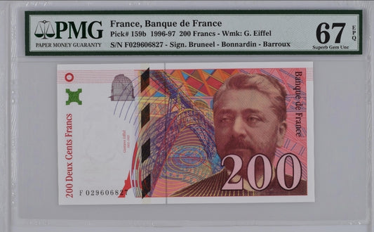 200 Francs 1996- 1997 France P 159c  Eiffel Uncirculated PMG 67 EPQ P 159b