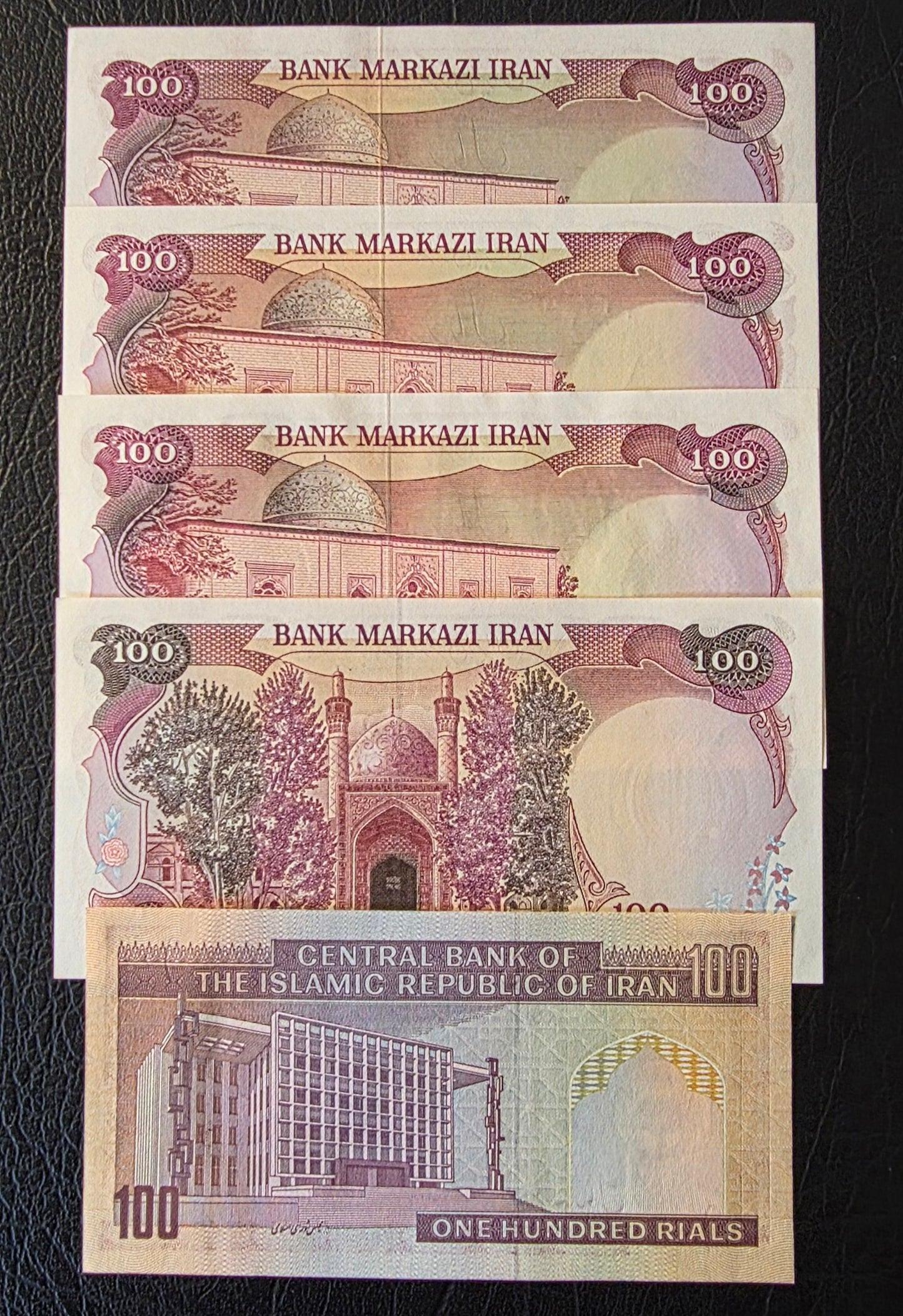 Full set of 100 Rials (Five designs) 1974- 1986 Kingdom- Republic notes Uncirculated UNC- A historical set