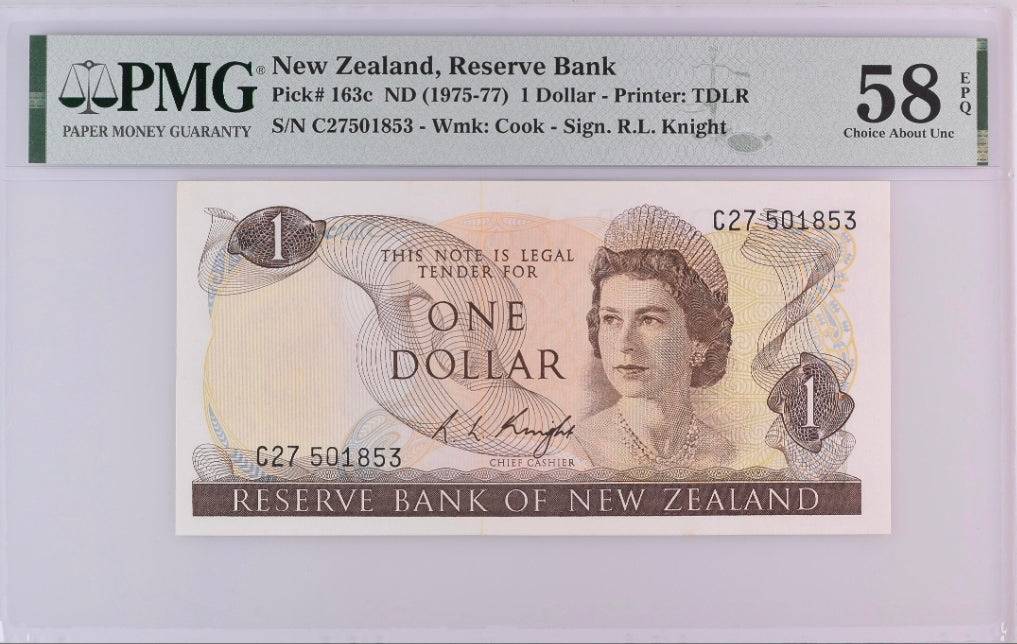 One Dollars 1975- 77 New Zealand Pick 163c About Uncirculated UNC PMG 58 EPQ
