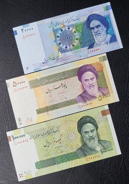 Full Set of 100, 200, 500, 1000, 2000, 5000, 10000 (2), 20000, 50000 and 100000 Rials 1985-2020 Iran Persian banknotes Uncirculated UNC Gem  (11 banknotes)