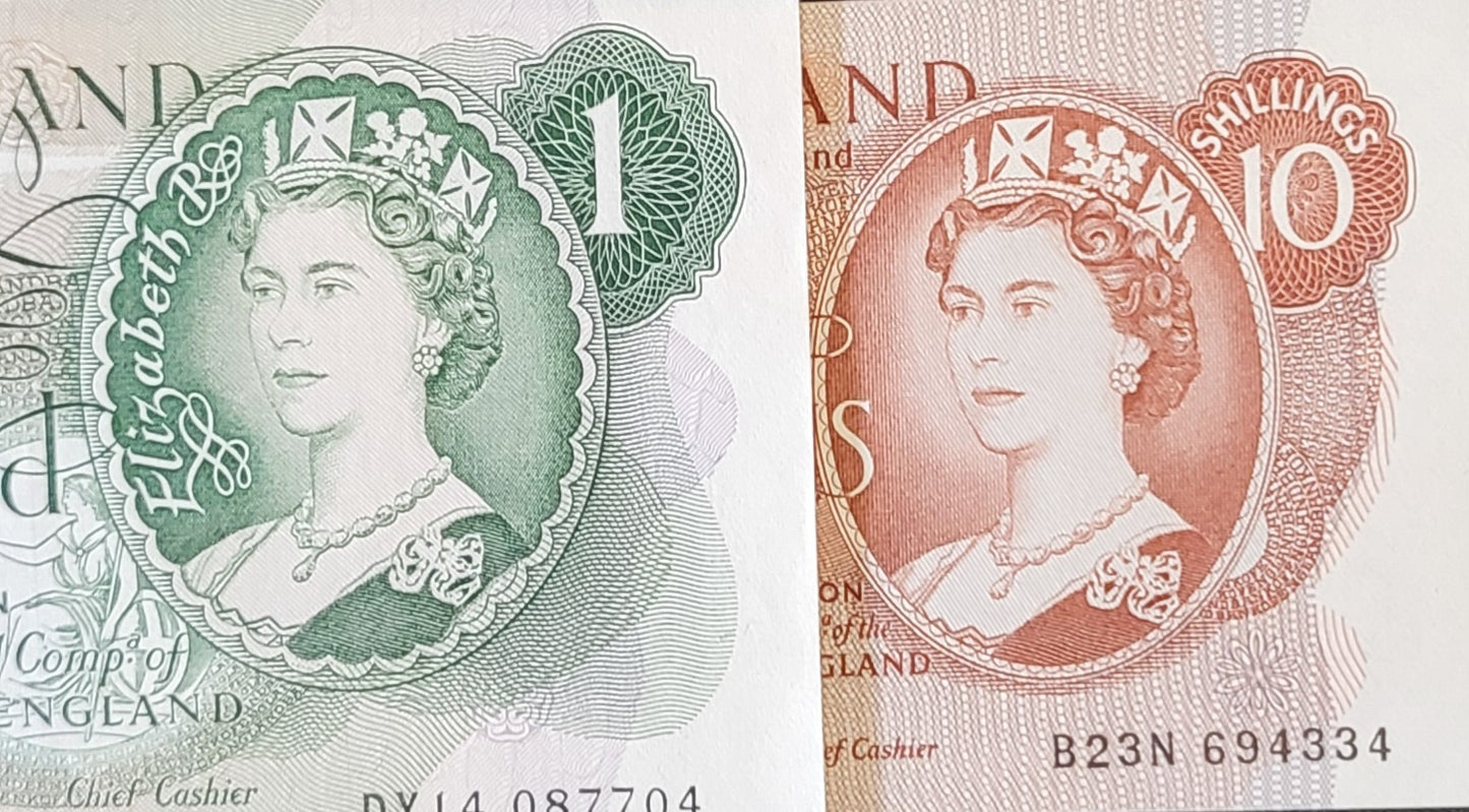 Set of 10 Shillings and 1 Pound 1966- 1970 Great Britain Bank of England Uncirculated UNC GEM (two banknotes)