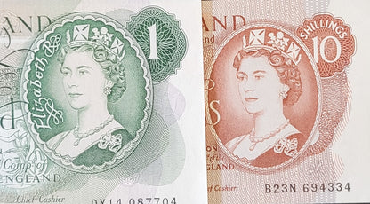Set of 10 Shillings and 1 Pound 1966- 1970 Great Britain Bank of England Uncirculated UNC GEM (two banknotes)