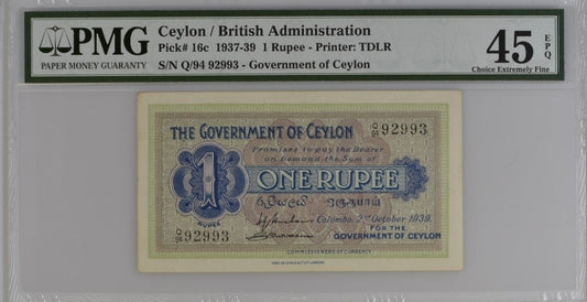 One 1 Rupee 1937 Ceylon British Administration Pick 16c PMG 45 EPQ Choice Rare