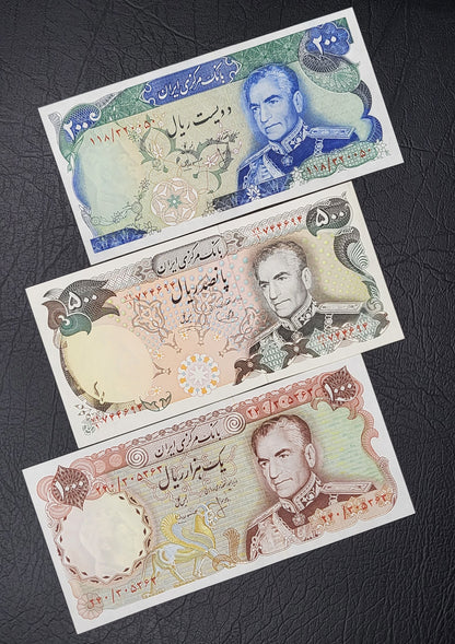 Set of 20, 50, 100, 200, 500 and 1000 Rials Pahlavi Shah Persian notes Uncirculated UNC Gem- Unique Gift set