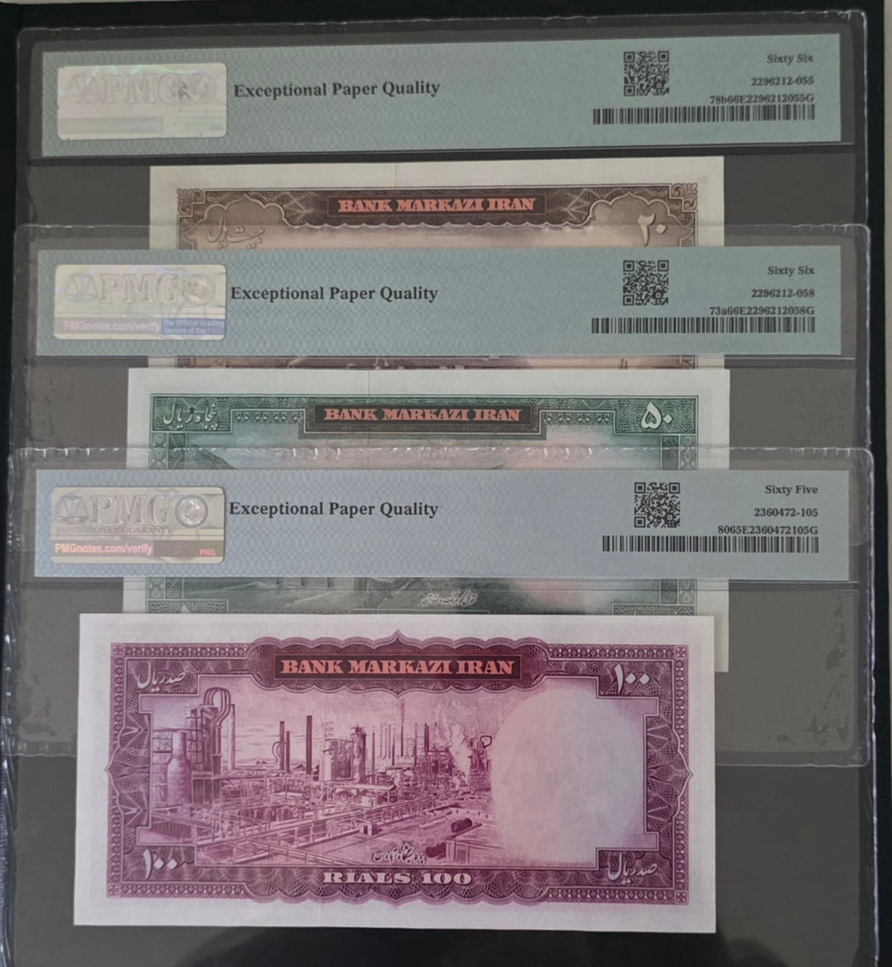 Mohammadreza Shah Pahlavi 20, 50 and 100 Rials 1962- 1365  Gem Uncirculated UNC PMG 65- 66 EPQ (three notes)