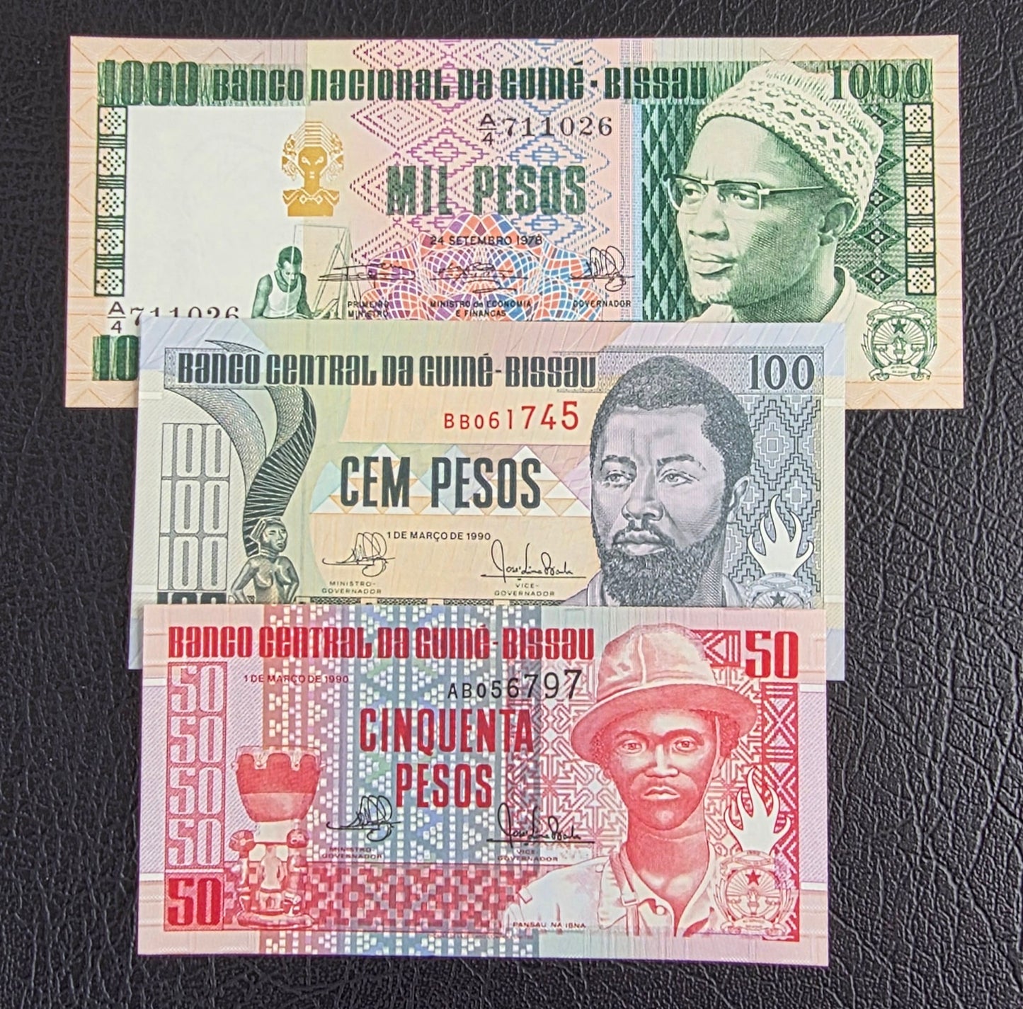 Guinea Bissau set of 50, 100 and 1000 Pesos 1978 Gem Uncirculated UNC