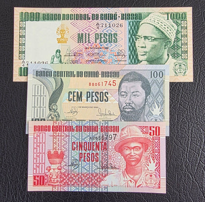 Guinea Bissau set of 50, 100 and 1000 Pesos 1978 Gem Uncirculated UNC