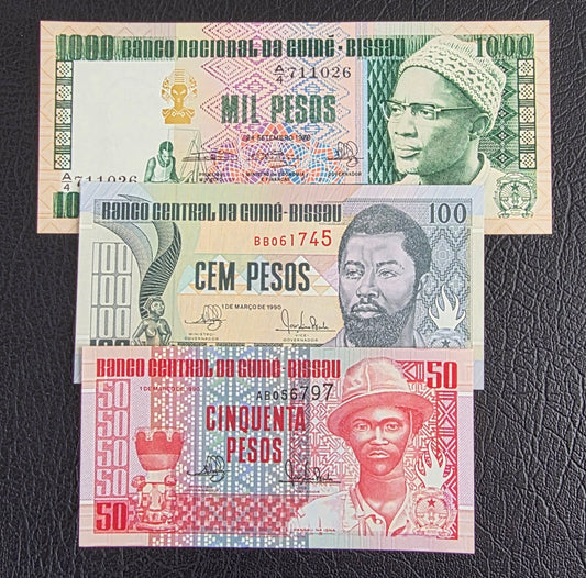 Guinea Bissau set of 50, 100 and 1000 Pesos 1978 Gem Uncirculated UNC