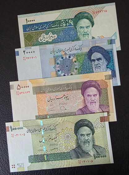 Persian set of 10000 to 100000 Rials Old Version Uncirculated UNC (four notes)