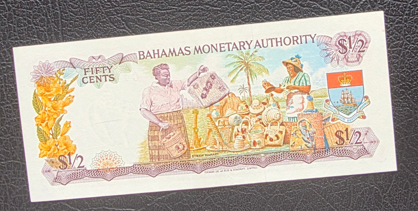One 1/2 and 1 Dollar 1968- 74 Bahamas British Colony Uncirculated UNC (two notes)
