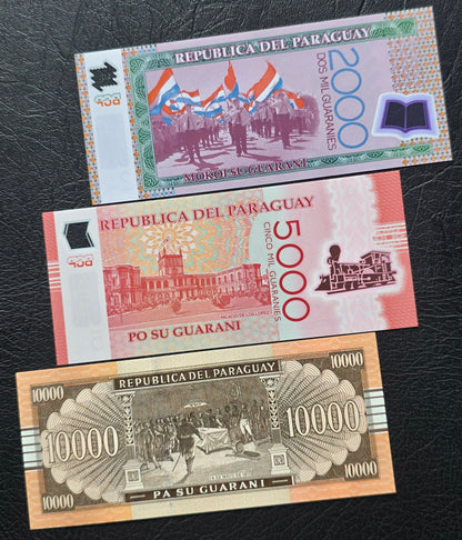 Paraguay set of 2000, 5000 and 10000 Guaranies 2022- 2023 Uncirculated UNC (three notes)