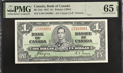 1 One Dollar Canada 1937 BC-21d PMG 65 EPQ Gem UNC Coyne Towers
