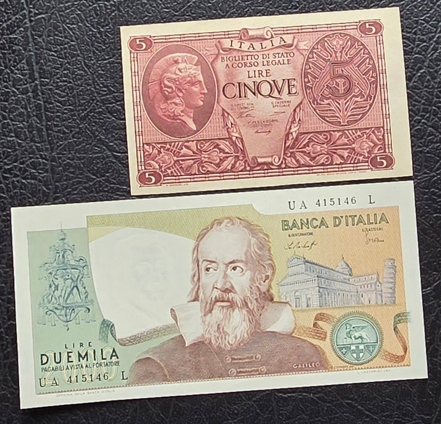 Set of 5, 500, 1000 (×2), 2000(x2), 5000 and 10000 1944- 1990s Lire Italy Italia Gem Uncirculated UNC (8 notes) Rare set