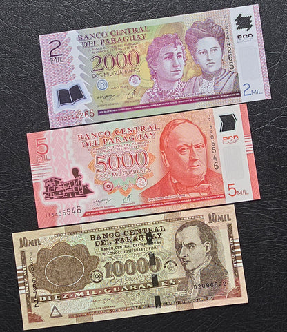 Paraguay set of 2000, 5000 and 10000 Guaranies 2022- 2023 Uncirculated UNC (three notes)