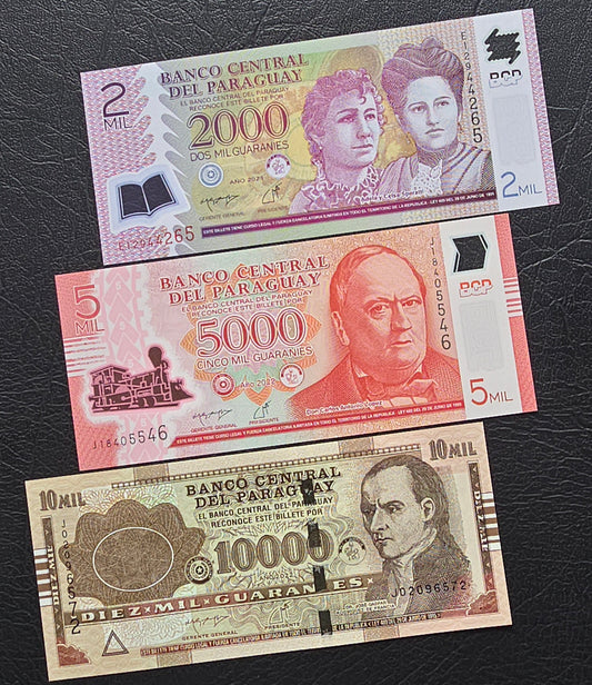 Paraguay set of 2000, 5000 and 10000 Guaranies 2022- 2023 Uncirculated UNC (three notes)