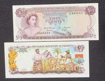 One 1/2 and 1 Dollar 1968- 74 Bahamas British Colony Uncirculated UNC (two notes)
