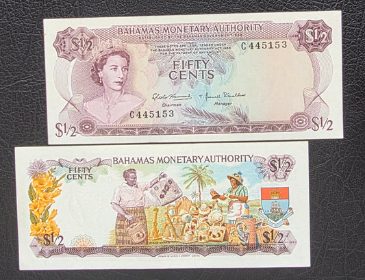 One 1/2 and 1 Dollar 1968- 74 Bahamas British Colony Uncirculated UNC (two notes)