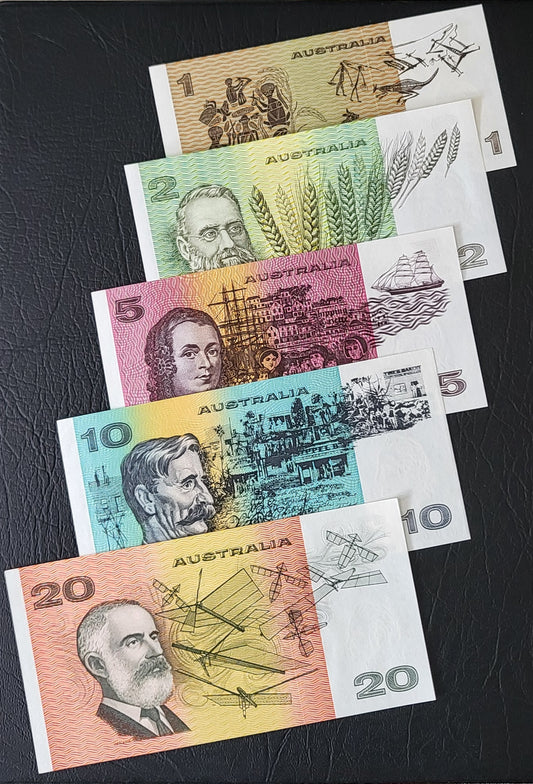 Set of 1, 2, 5, 10 and 20 Dollars 1980- 1990s Australia Uncirculated UNC Gem
