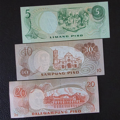 Philippines Peso set of 5, 10 and 20 1978 Gem Uncirculated UNC (3 banknotes)