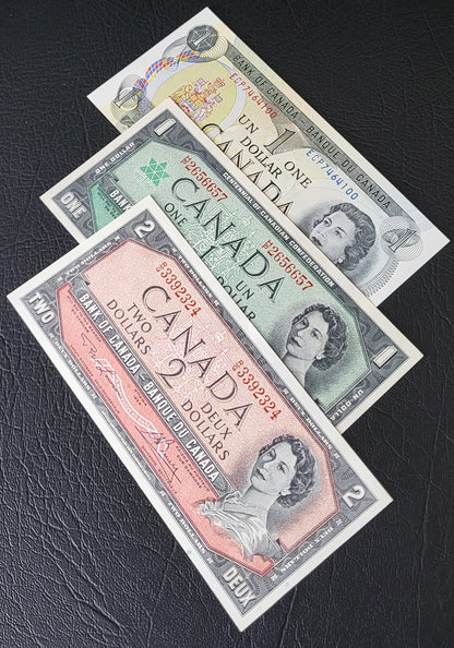 Set of 1 one and 2 Two Dollars 1954- 1973 (three notes) Chronological order Canada Uncirculated UNC Gem