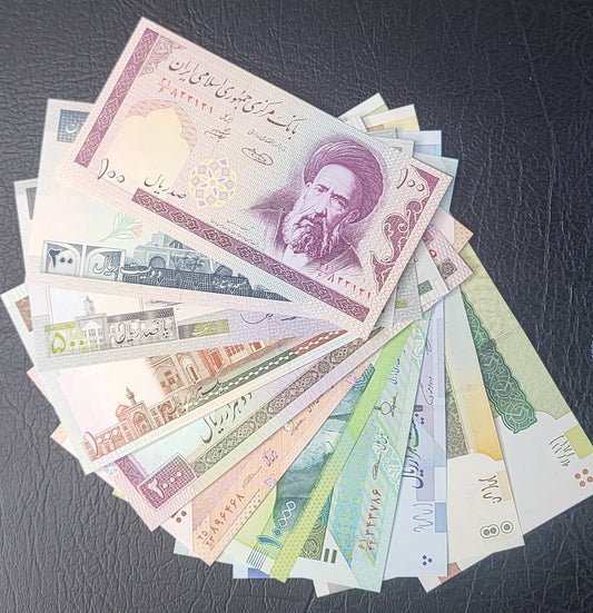 Full Set of 100, 200, 500, 1000, 2000, 5000, 10000 (2), 20000, 50000 and 100000 Rials 1985-2020 Iran Persian banknotes Uncirculated UNC Gem  (11 banknotes)