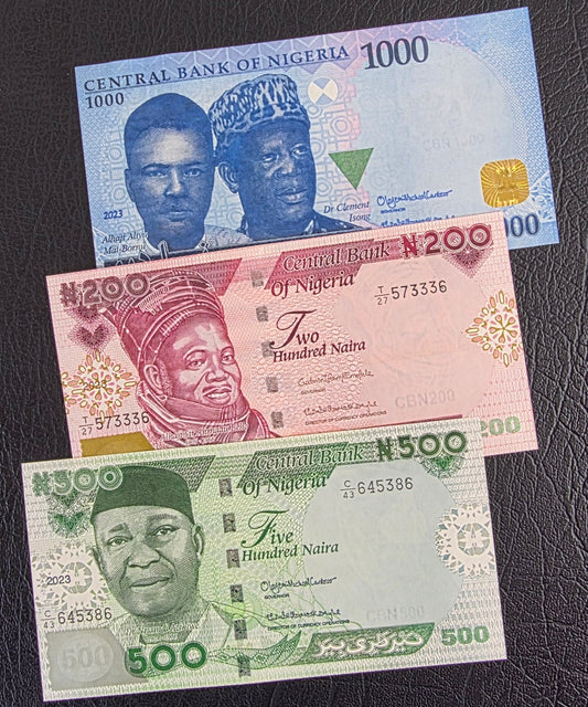 Nigeria set of 200, 500 and 1000 Naira 2023 Uncirculated UNC (three notes)